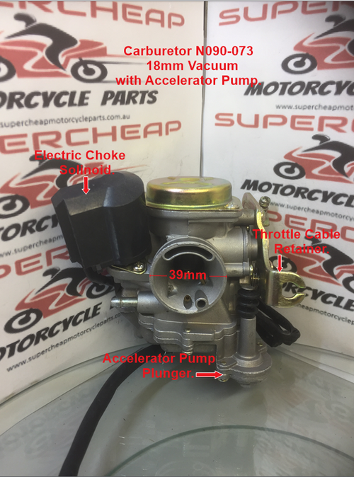 Carburetor, N090-073, 18mm Vacuum with accelerator Pump. GY6 50cc Scooters. image 1