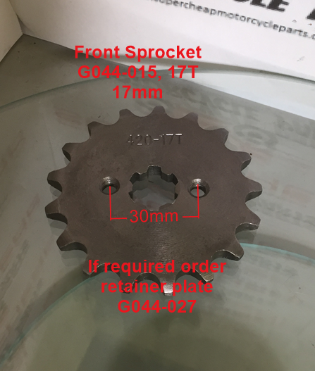 Front Sprocket, G044-015, 420, 17 Tooth, 17mm, requires retainer. image 0