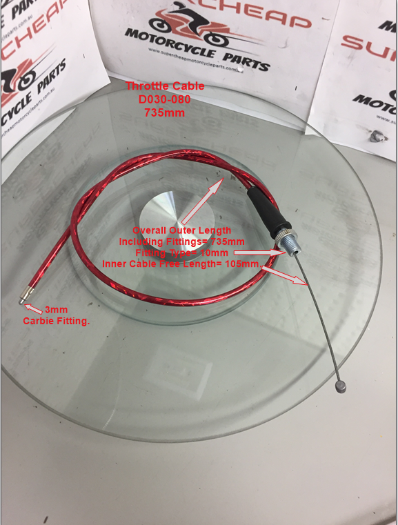 Throttle Cable, D030-080, 735mm Red Braided, Pits Bikes, ATVs, Buggies, Go karts image 0
