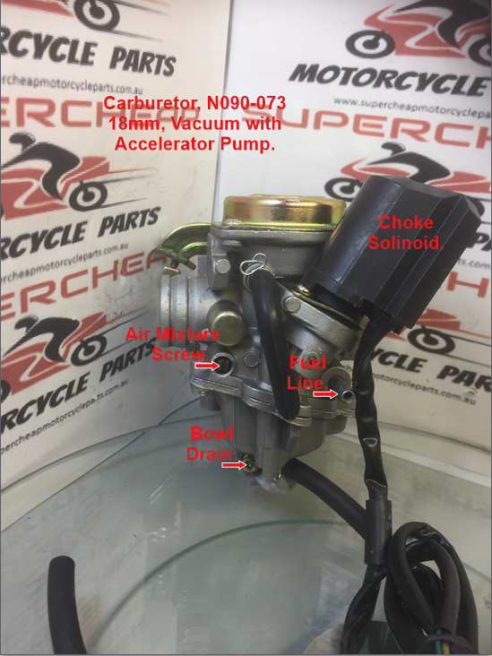 Carburetor, N090-073, 18mm Vacuum with accelerator Pump. GY6 50cc Scooters. image 2