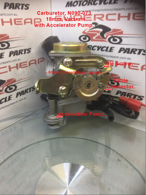 Carburetor, N090-073, 18mm Vacuum with accelerator Pump. GY6 50cc Scooters. image 3