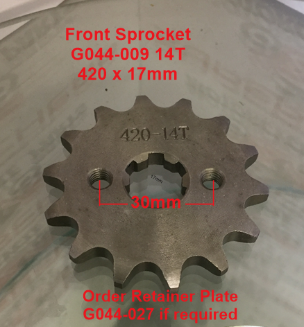 Front Sprocket, G044-009, 420, 14 Tooth, 17mm shaft requires retainer. image 0