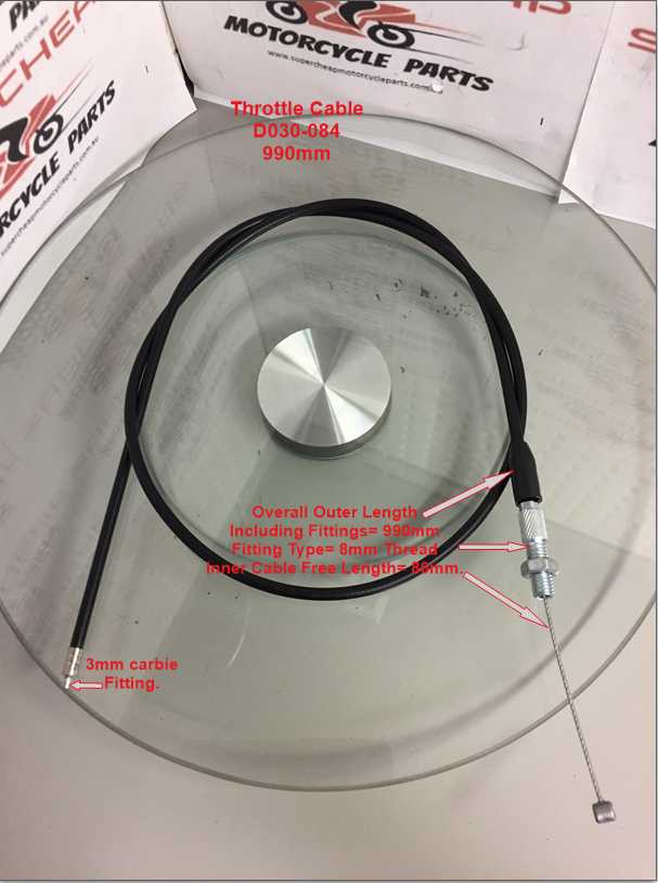Throttle Cable, D030-084, 990mm Dirt Bikes, ATVs, Buggies, Road Bikes, Go Karts. image 0