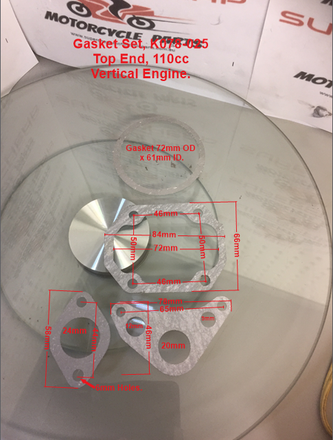 Gasket Set, K078-025, 52.4mm Top End, 110cc vertical engine. Pit Bikes, ATVs.