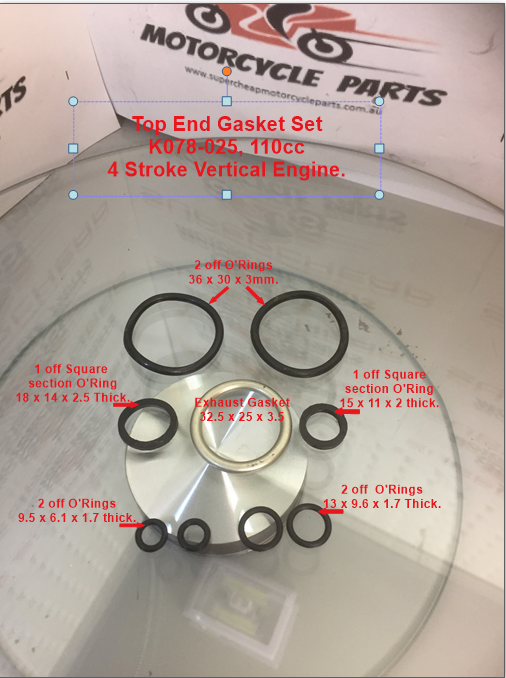 Gasket Set, K078-025, 52.4mm Top End, 110cc vertical engine. Pit Bikes, ATVs.