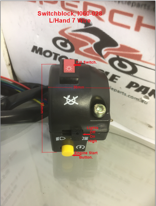 Switchblock, I060-028, Left Hand, 7 Wire, Start, Kill, Lights, Off/On/High.