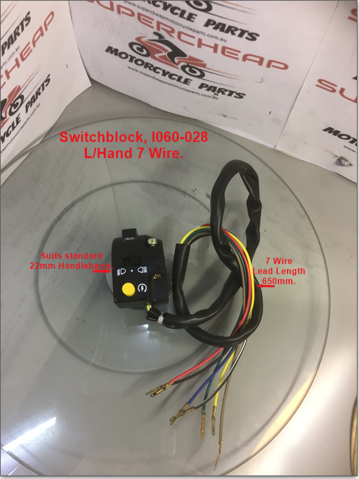 Switchblock, I060-028, Left Hand, 7 Wire, Start, Kill, Lights, Off/On/High.