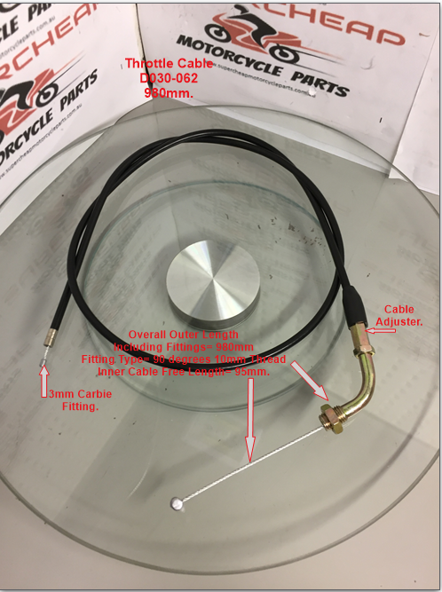 Throttle Cable, D030-062, 980mm, 90 Degree throttle fitting. image 0