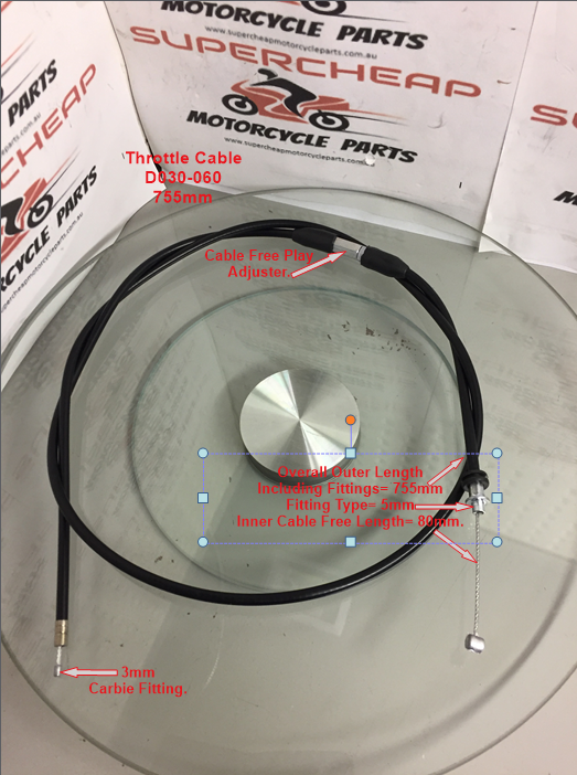 Throttle Cable, D030-060, 755mm, ATVs  50cc to 125cc, Buggies, Go Karts. image 0