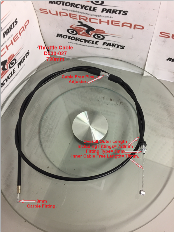 Throttle Cable, D030-027, 720mm, ATVs  50cc to 125cc, Buggies, Go Karts. image 0