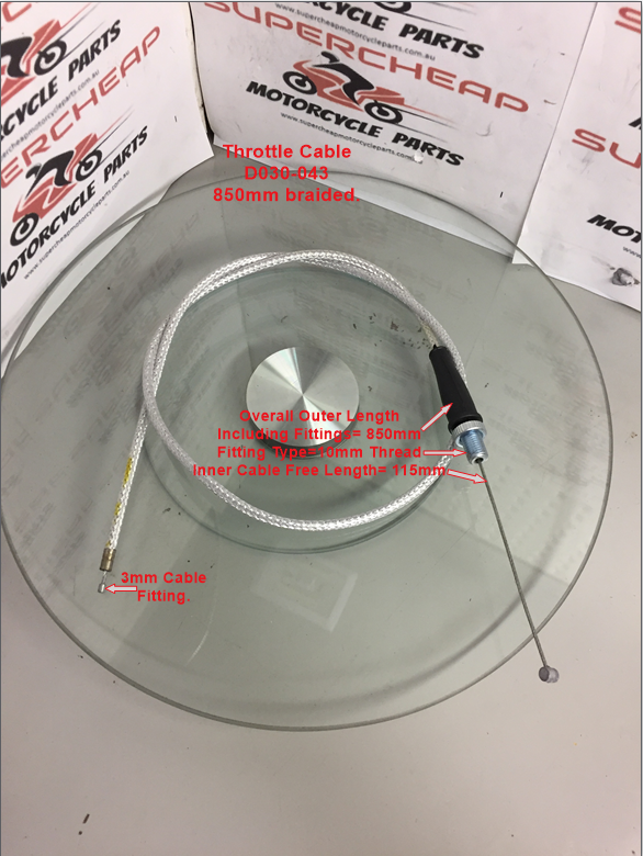 Throttle Cable, D030-043, 850mm Braided, Dirt Bikes, Pit Bikes, Quads, Buggies. image 0