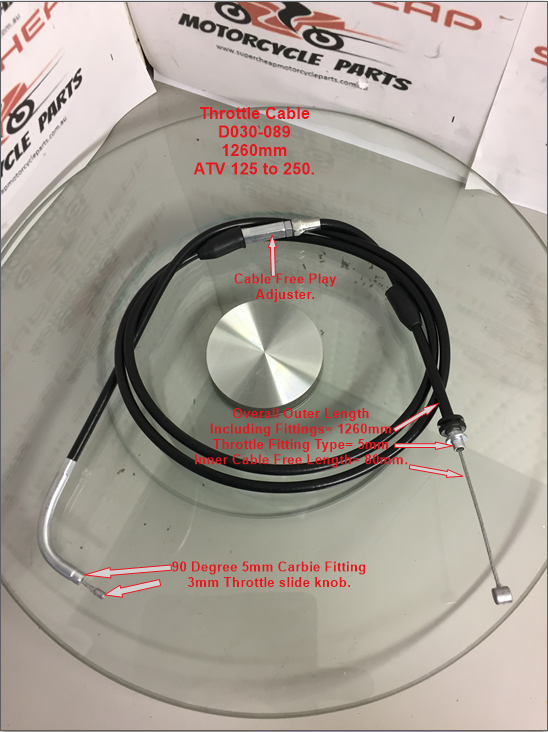 Throttle Cable, D030-089, 1260mm, 125 to 400cc ATVs, Buggies, Go Karts. image 0