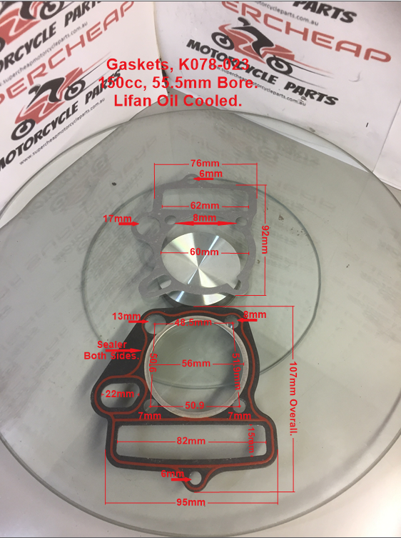 Gaskets, K078-023, 55.5mm Bore, 150cc, Head and Base, oil cooled Lifan Engine. image 0