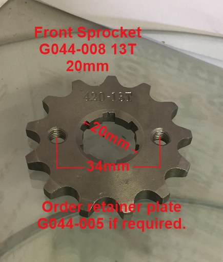 Front Sprocket, G044-008, 420, 13 Tooth, 20mm, requires retainer. image 0