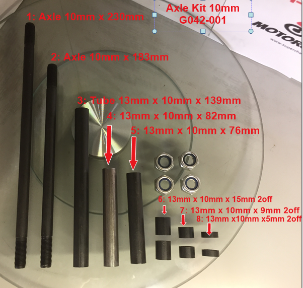 Axle Kit, G042-001, 10mm Front and Rear Axle kit for pocket bikes. image 0